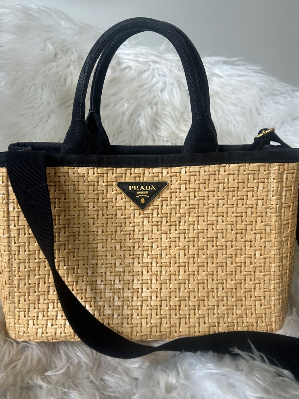 Prada Wicker & Black Canvas Tote with Original Removable Strap